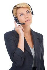 Image showing Woman, headset and call centre consultant in studio, customer service and crm by white background. Female person, operator and telemarketing agent or representative, hotline and technical support
