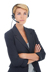 Image showing Woman in studio, call center or manager with arms crossed in customer service or telemarketing. White background, serious or sales consultant agent with headset or pride in tech support or telecom