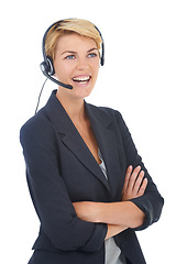 Image showing Woman, crm and call centre headset in studio, customer service and operator by white background. Female person, consultant and telemarketing agent or representative, advisor and technical support