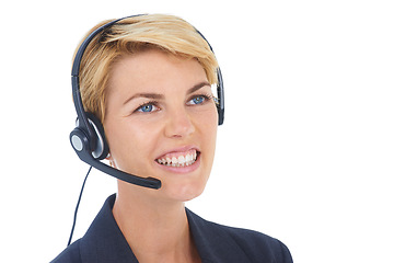 Image showing Business woman, call center and thinking in studio for communication, customer service or support or solution. Professional agent, consultant or advisor for ideas or contact us on or white background