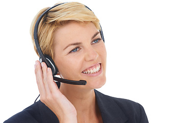 Image showing Business woman, call center and listening in studio for communication, customer service or support. Professional agent or virtual consultant thinking in headphones or contact us on a white background