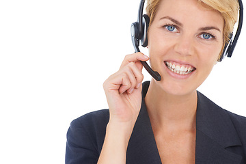 Image showing Business woman, call center and headphones in studio for communication, customer service or support. Portrait of professional agent, virtual consultant or advisor for contact us on a white background