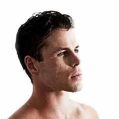 Image showing Shower, sexy and face of man with water for washing, cleaning and skincare wellness. Young, hot and male model person with facial grooming and hygiene for healthy skin by white studio background.