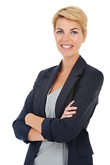 Image showing White background, portrait or happy businesswoman with arms crossed for company development. Isolated in studio, smile or face of a proud financial advisor, CEO or female manager ready to start job
