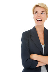 Image showing Business woman in studio, thinking with laugh and inspiration for professional startup on mockup. Brainstorming, planning and happy consultant with creative development idea on white background space