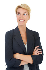 Image showing Business woman in studio, thinking with arms crossed and inspiration for professional startup solution. Confidence, planning and happy consultant with creative development idea on white background.