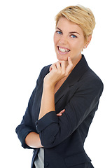 Image showing Portrait of business woman in studio with smile, confidence and inspiration for professional startup career. Opportunity, planning and face of happy consultant with expert idea on white background.