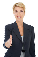 Image showing Businesswoman, handshake offer and portrait in studio, recruitment and welcome to company interview. Female person, hiring manager and hr employee by white background, meeting and face for onboarding