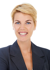 Image showing Smile, happy and portrait of business woman in a studio with positive, good and confident attitude. Pride, excited and professional female person from Australia with career by white background.