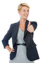 Image showing Portrait of happy business woman with thumbs up, wink and smile for deal agreement success in studio. Professional person with hand gesture for good job, gratitude or achievement on white background.