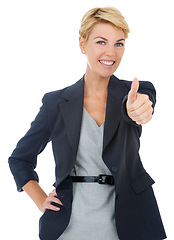 Image showing Portrait of business woman with thumbs up, smile and feedback for deal agreement success in studio. Professional person with hand gesture for good job, gratitude or achievement on white background.