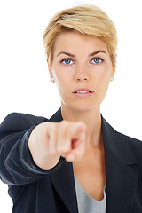 Image showing Portrait, businesswoman or pointing to you for recruitment isolated on white background in studio. Serious, pick or manager with gesture, choice or promotion showing an opportunity, vote or selection