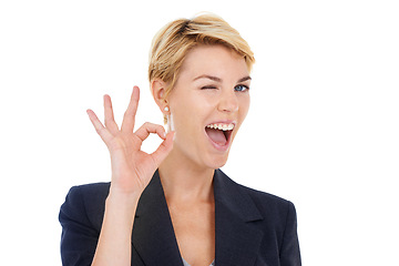 Image showing Businesswoman, okay and agreement in studio, portrait and approval emoji by white background. Female person, employee and wink or symbol for promotion, feedback and satisfaction or corporate victory