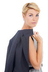Image showing Business woman, portrait and lawyer with professional confidence of employee in studio. Corporate fashion, blazer and female worker with stylish and career style of staff with white background