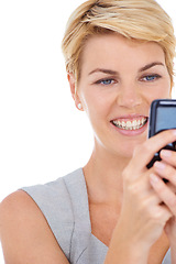Image showing Phone, white background or happy woman on social media to chat on internet or website notification. News, smile or female entrepreneur in studio texting, networking or typing online on mobile app
