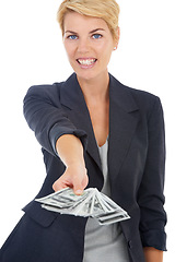 Image showing Portrait of business woman with cash offer, dollars and bonus prize giveaway isolated on white background. Money, budget and profit, lady with financial freedom or credit funding payment in studio.