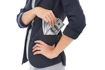 Image showing Cash, pocket or hands businesswoman in studio for illegal payment, corruption deal or secret scam. Closeup, white background or financial manager with dollars for bribery, fraud or money laundering