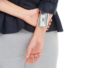 Image showing Cash, hidden or hands of manager in studio for illegal payment, corruption or secret scam. Sleeve closeup, white background or businesswoman stealing dollars for bribery, fraud or money laundering