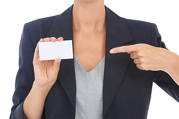Image showing Business card, space and hands with mockup, contact information or job offer and career in studio. Professional entrepreneur or corporate person with presentation or opportunity on a white background