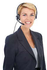 Image showing Woman, portrait and call centre headset in studio, customer service and crm by white background. Female person, consultant and telemarketing agent or representative, hotline and technical support