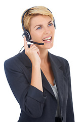 Image showing Woman, representative and call centre headset in studio, customer service and crm by white background. Female person, consultant and telemarketing agent or helpdesk, hotline and technical support