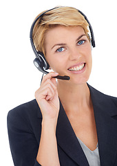 Image showing Business woman, call center portrait and communication, customer service or support in studio. Face of professional agent, virtual consultant or advisor with FAQ or contact us on or white background