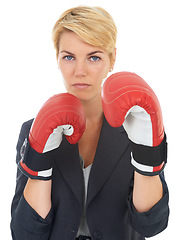 Image showing Businesswoman, portrait and boxing gloves with face for corporate fight, confident and white background. Executive, strong and dedicated professional to business, formal and serious female person