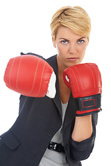 Image showing Businesswoman, portrait and boxing gloves with career for corporate fight confident and white background. Executive, victory and woman for business success, triumph and serious female person