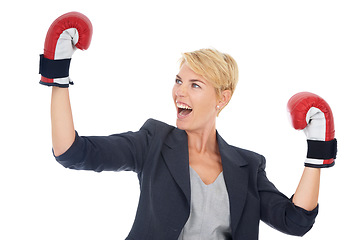 Image showing Businesswoman, happiness and boxing gloves with success for corporate win, confident and white background. Executive, good news and celebration for business competition, triumph and female person