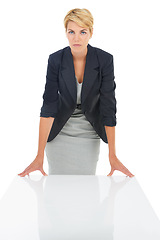 Image showing Hr manager, studio or portrait of a woman at a desk for recruitment, hiring and start of an interview. Serious lady, assertive or business professional with confidence isolated on a white background