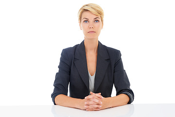 Image showing Manager, studio or portrait of a businesswoman at desk for recruitment, hiring or start of an interview. Serious face, assertive or professional lady with confidence isolated on a white background