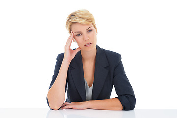Image showing Business woman, headache and thinking in studio of burnout, stress or mental health on white background. Tired, confused and sad worker with anxiety, brain fog and fatigue of mistake, doubt or crisis