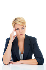 Image showing Business woman, stress or thinking in studio of challenge, headache or mental health on white background. Burnout, confused worker or sad for vertigo, brain fog or doubt wrong mistake at mockup space