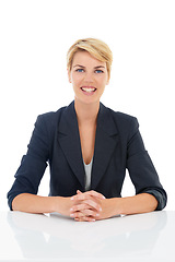 Image showing Job interview, white background or portrait of a happy businesswoman at desk for recruitment or hiring. Table, corporate, worker or professional lady with confidence or company isolated in studio