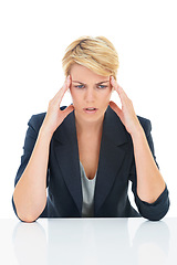 Image showing Headache, business woman and thinking in studio of burnout, anxiety or mental health on white background. Tired, confused and sad worker with stress, brain fog and fatigue of mistake, doubt or crisis