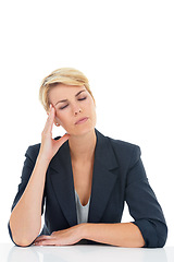 Image showing Business woman, stress or headache in studio for challenge, disaster or mental health on white background. Worker, burnout and frustrated for vertigo, brain fog or doubt wrong mistake at mockup space