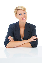 Image showing Job interview, confidence or portrait of a businesswoman at desk for recruitment or hiring in studio. Smile, corporate, worker or professional lady with pride or company isolated on white background