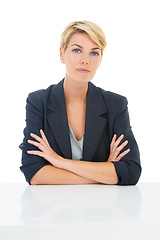 Image showing Hr manager, arms crossed or portrait of a woman at a desk for recruitment, hiring and start of an interview. Serious, studio or proud business professional win studio isolated on white background