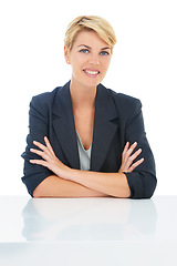 Image showing Business, arms crossed or portrait of a happy woman at a desk for recruitment, hiring or start of interview. Professional, job or proud hr manager with smile in studio isolated on white background