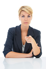 Image showing Portrait, pick or businesswoman or pointing to you for recruitment on white background in studio. Serious, manager or worker with gesture, choice or promotion showing an job opportunity or selection