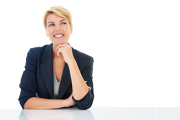 Image showing Business woman at desk, thinking with smile and inspiration for professional in studio mockup. Brainstorming, planning and happy consultant with idea, decision or choice on white background space.
