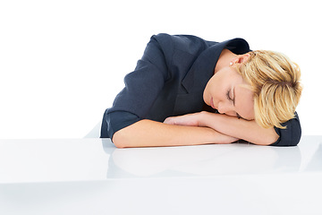 Image showing Tired, business woman and sleeping in studio with burnout, stress and low energy at table on white background. Fatigue, lazy and exhausted corporate employee taking a nap to rest with mockup space