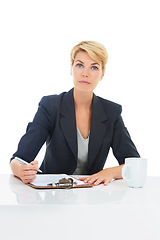 Image showing Business woman, documents and portrait in studio with legal information, checklist or writing of rules and job policy. Serious lawyer or attorney with clipboard or paperwork on a white background