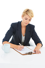 Image showing Business woman, documents and writing in studio with legal information, checklist or review of rules and job policy. Professional lawyer or attorney with clipboard or paperwork on a white background