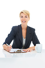 Image showing Business woman, checklist and portrait in studio with documents, contract or signature for real estate agreement. Happy professional agent at desk with clipboard or paperwork on a white background