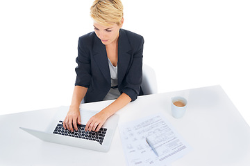 Image showing Business woman, typing on computer and studio for accounting, taxes management and budget report. Accountant or worker on laptop at desk, search and planning of documents on a white background above