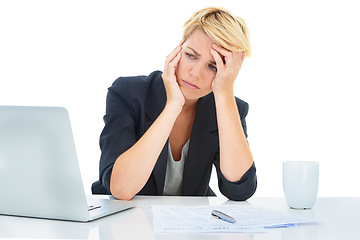 Image showing Business woman stress at laptop, paperwork and audit report for bankruptcy in studio on white background. Frustrated accountant, computer or worry of tax documents, debt crisis or financial challenge
