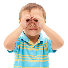 Image showing Binoculars, hands and portrait of kid search, find or inspection in white background of studio. Curious, vision and child with gesture to spy for research, knowledge and learning from sightseeing