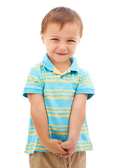 Image showing Happy, child and portrait of boy in studio, white background and fashion in mockup space. Kid, face and smile with wellness, confidence and pride to start kindergarten with trendy style and outfit