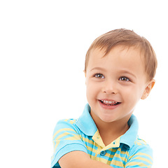 Image showing Happy, thinking and portrait of child in studio, white background with idea in mockup space. Kid, face and smile with wellness, confidence or curious in kindergarten with trendy style and outfit